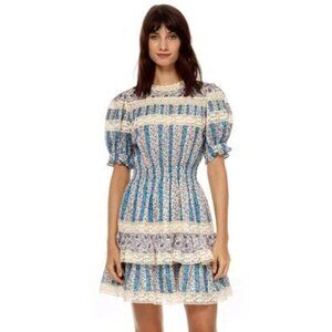 Stellah Size Small Floral Victorian Print Mixed Lace Trim Puff Sleeve Dress